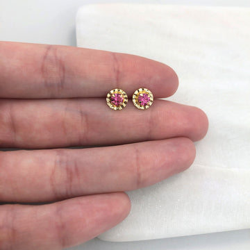 18K Gold Layered Oro Laminado Pink Cubic Zirconia Stud Plugs Kids Earrings 21.0176/7